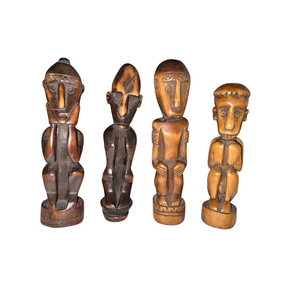 Vintage Hand Carved Wood Seated Figures Set of 4 African Folk Art Style Statues